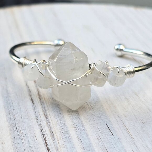 Moonstone Wire Wrap Cuff – 925 Silver Over Copper – Intuition & Balance Talisman - Picture 10 of 11